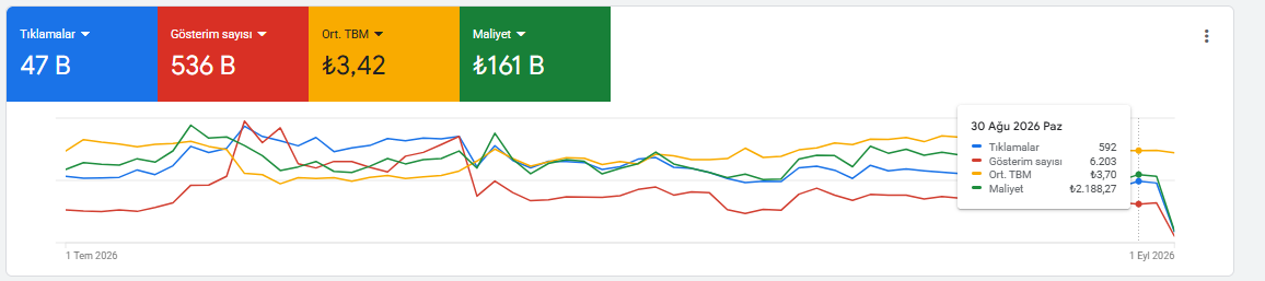 Google Ads genel bakış ekranı: 47 bin tıklama, 536 bin gösterim, ortalama tıklama başı maliyet 3,42 lira, toplam maliyet 161 bin lira; altında iki aylık performans grafiği.